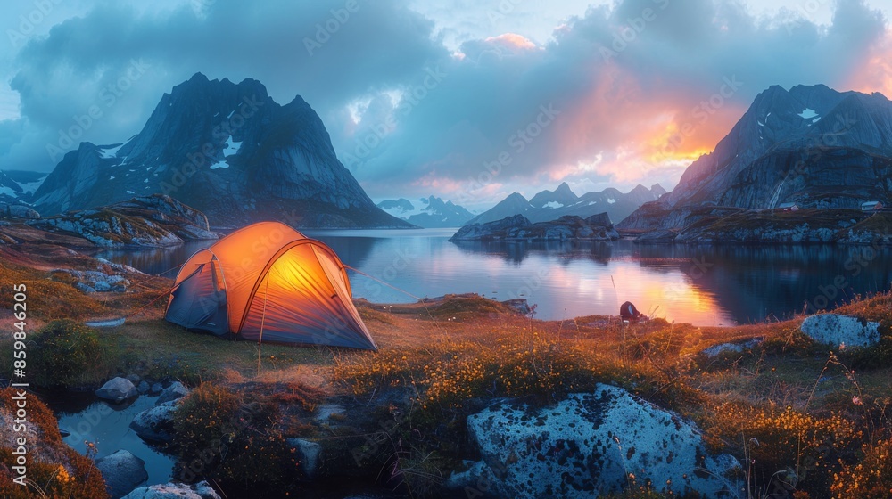 wild camping in the lofoten islands. camping tent among mountains. sunset over camping spot behind polar circle. wild camping in the lofoten islands. camping tent among mountains. sunset over camping spot behind polar circle.