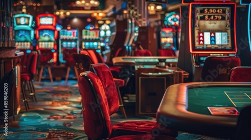 Casino with no patrons, showing empty chairs at poker tables and unattended slot machines photo