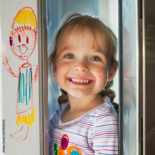 Realistic photo of cute children's paper drawing on frid photo
