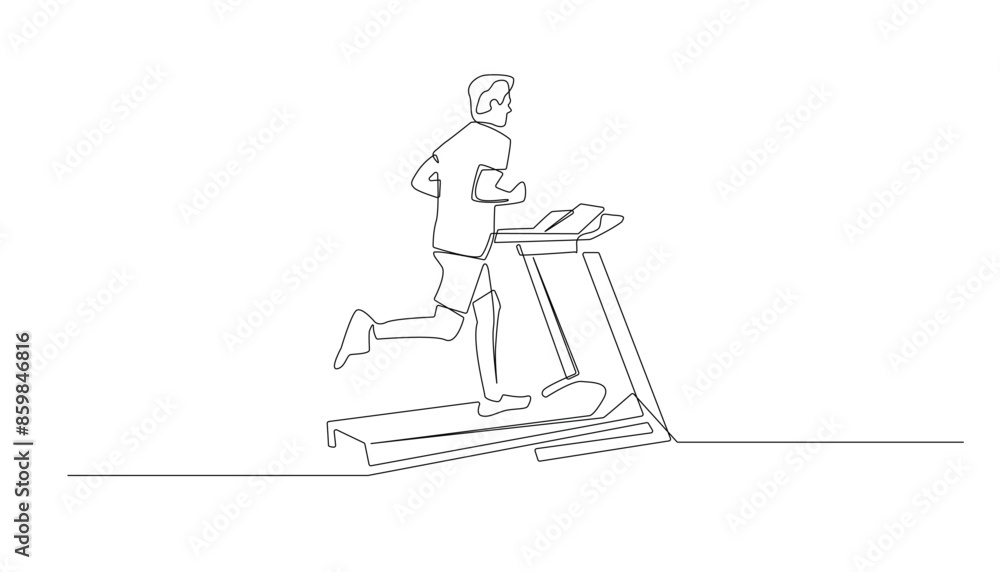 Obraz premium continuous line of sportive man running on a treadmill.one line drawing of a sportive man running on a treadmill in a fitness center or at home.single line vector illustration.