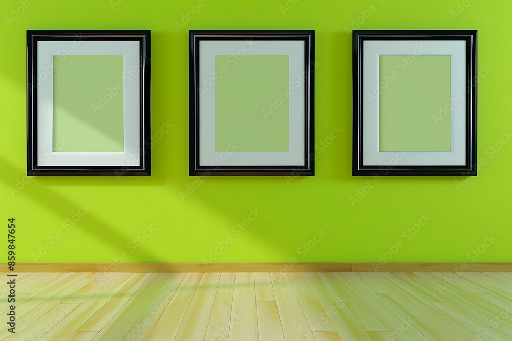 Three matching empty picture frames in a bold black hue, set against a vivid lime green wall in a sleek, modern gallery with a pale maple wood floor. Three matching empty picture frames in a bold black hue, set against a vivid lime green wall in a sleek, modern gallery with a pale maple wood floor.