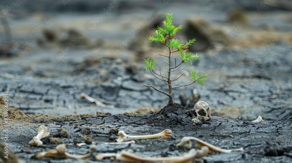 A lone young tree growing in parched soil with animal bones scattered, emphasizing nature's perseverance. A lone young tree growing in parched soil with animal bones scattered, emphasizing nature's perseverance.