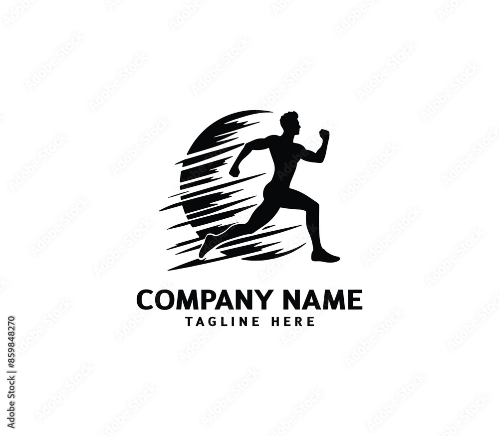 Naklejka premium Running Man silhouette logo. Marathon logo black. Speed Running Concept. Running club sports vector