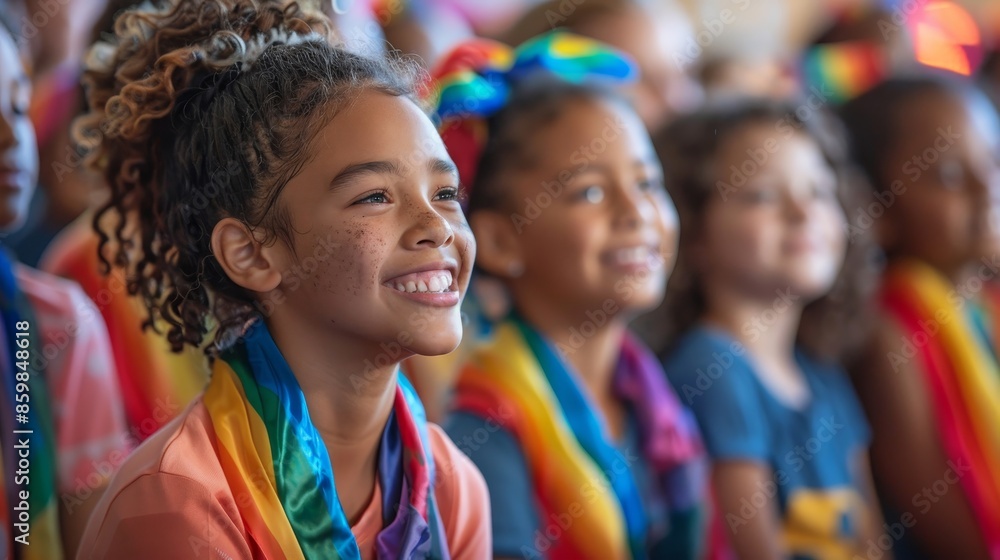 A group of children are sitting in a circle, all wearing rainbow scarves A group of children are sitting in a circle, all wearing rainbow scarves
