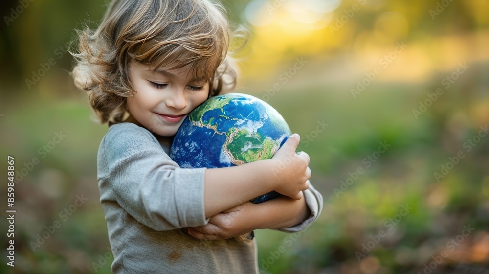 A child hugging a miniature earth, symbolizing the importance of loving and protecting our planet. A child hugging a miniature earth, symbolizing the importance of loving and protecting our planet.