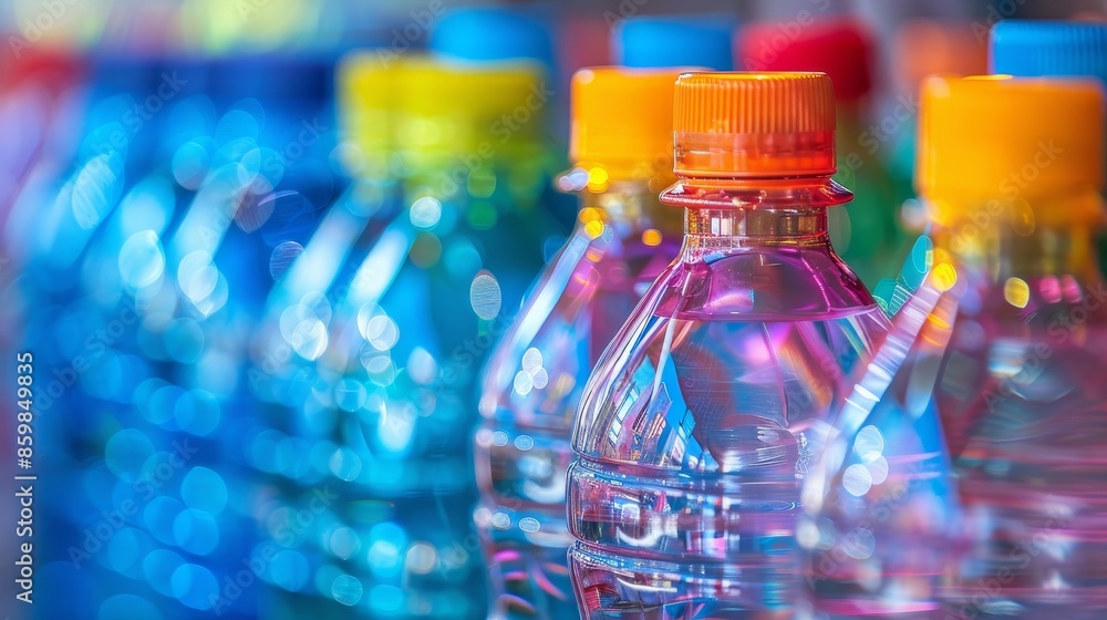 A row of water bottles with different colored caps A row of water bottles with different colored caps