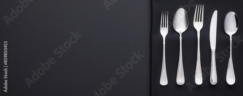 Black tablecloth with elegant silverware, formal dining, sophisticated setting, refined ambiance photo
