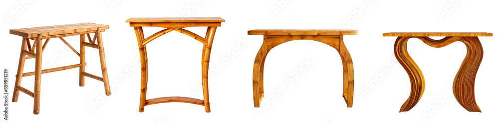 Fototapeta premium Chic contemporary bamboo wood console table, isolated on solid transparent background