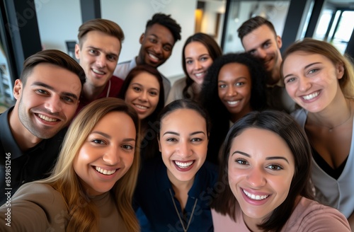 Diverse group of young professionals smiling and taking a selfie in an office setting, symbolizing employee community and team building.Labor Day, part-time, happy, hard-working, active