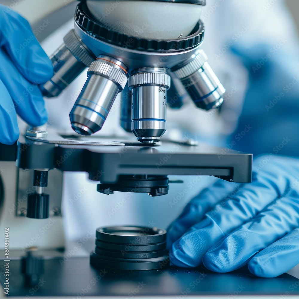 Person in Blue Gloves Looking Through a Microscope Person in Blue Gloves Looking Through a Microscope