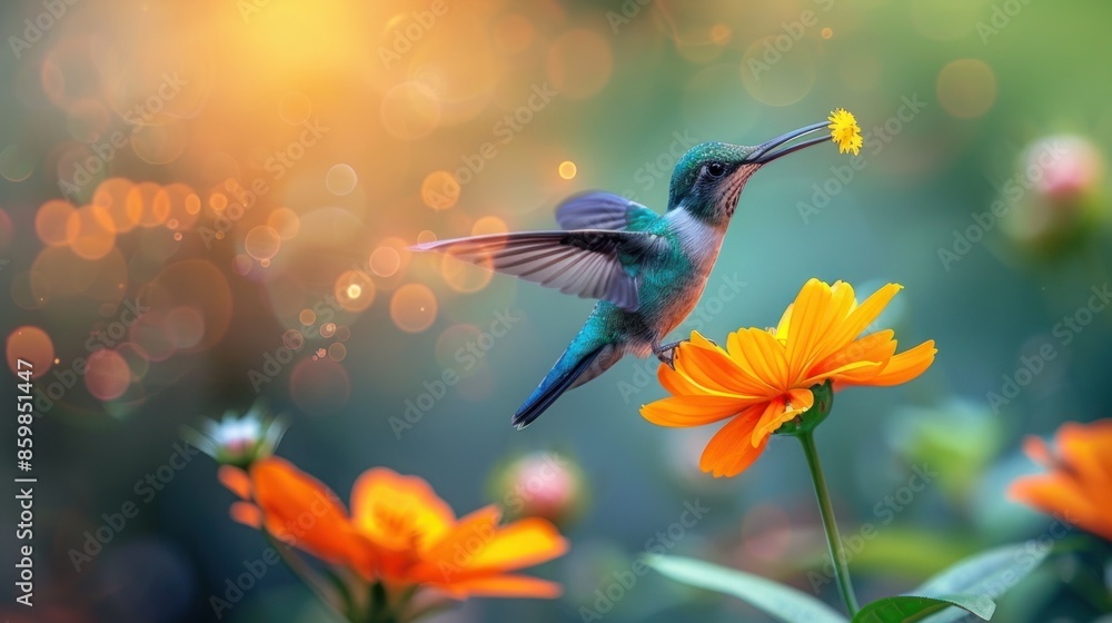 Naklejka premium Hummingbird in Flight, Feeding on a Flower