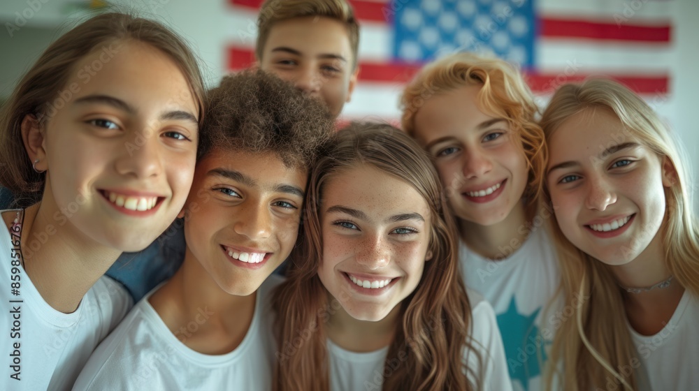 Advertising, friendship, patriotism and people concept - smiling teens in white t-shirts over an American flag Advertising, friendship, patriotism and people concept - smiling teens in white t-shirts over an American flag