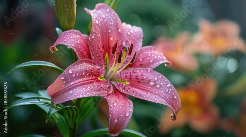 Pink Lily with Raindrops in a Garden