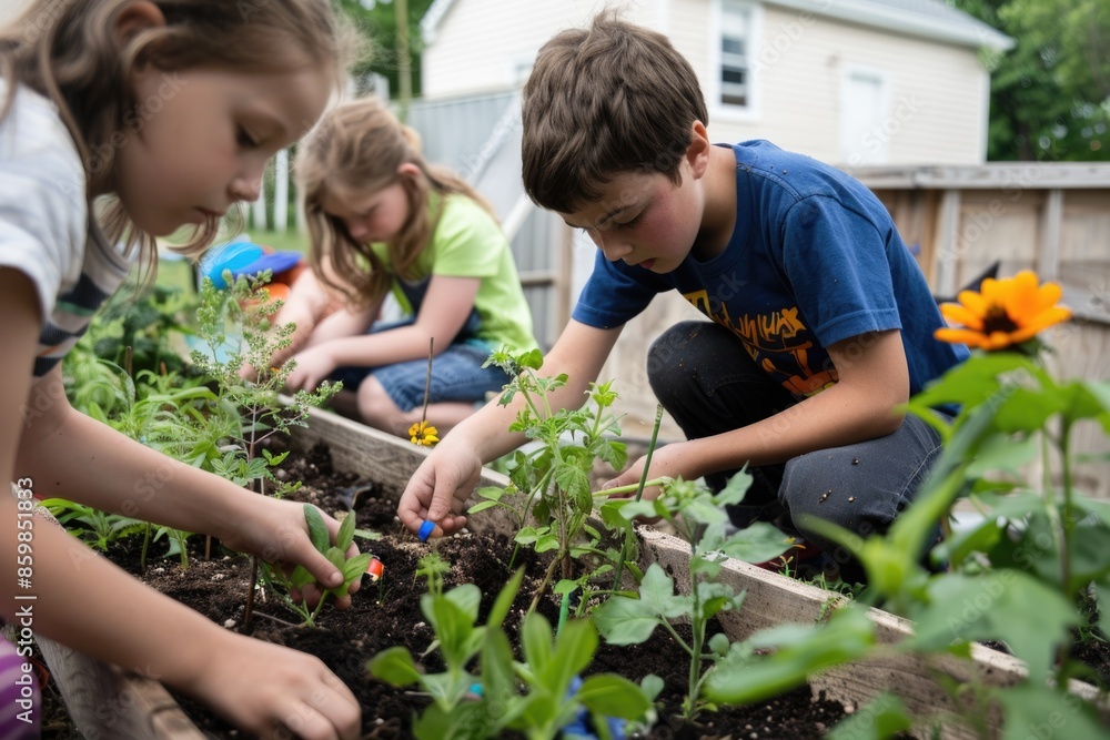 Children Gardening in Backyard Raised Beds on a Sunny Day