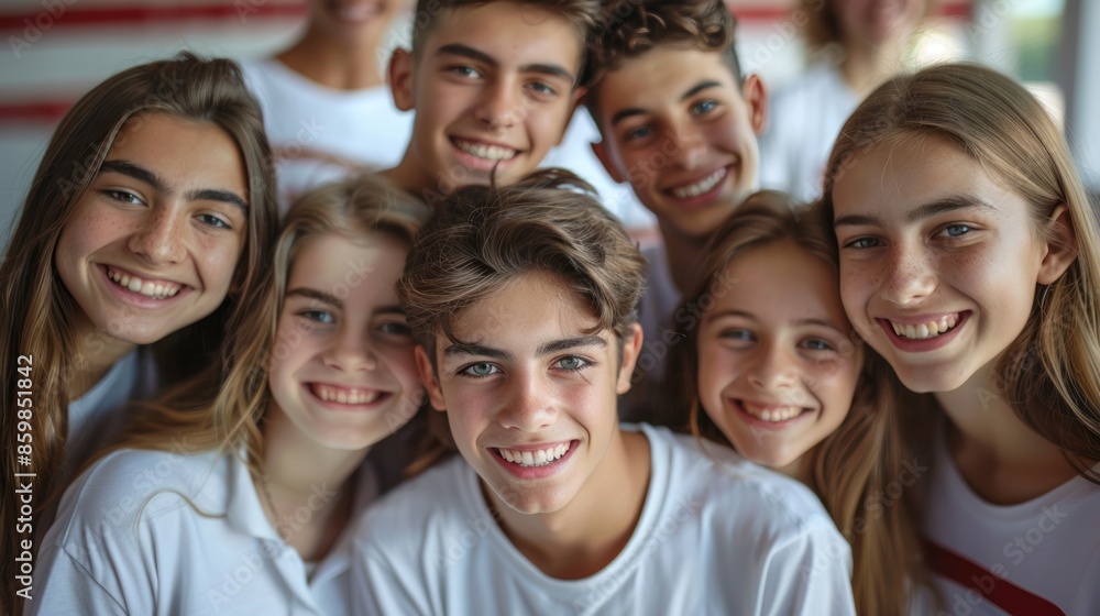 Advertising, friendship, patriotism and people concept - smiling teens in white t-shirts over an American flag Advertising, friendship, patriotism and people concept - smiling teens in white t-shirts over an American flag