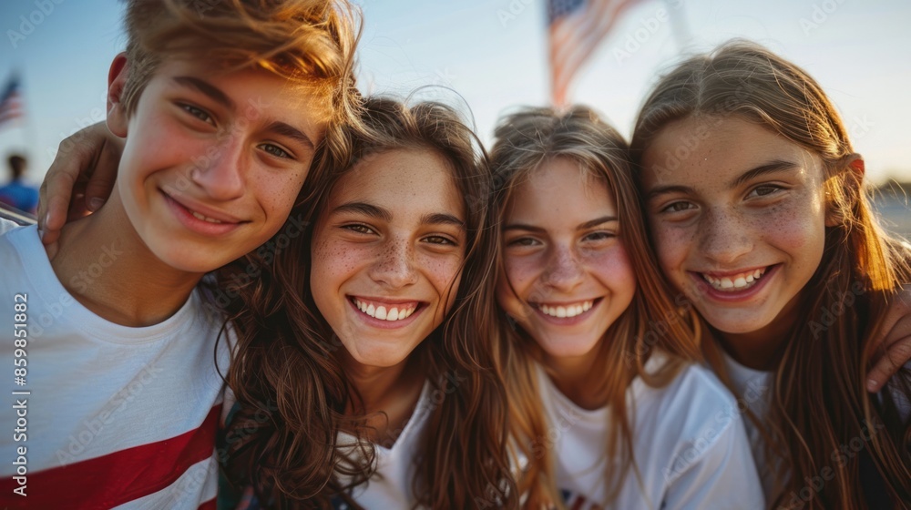 Obraz premium Advertising, friendship, patriotism and people concept - smiling teens in white t-shirts over an American flag