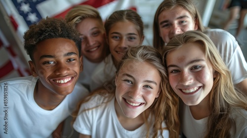 Advertising, friendship, patriotism and people concept - smiling teens in white t-shirts over an American flag