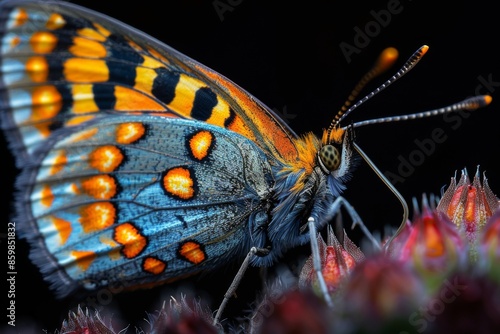 Blue and Orange Butterfly on a Red Flower