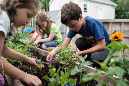 Fototapeta Naklejka Na Ścianę i Meble -  Children Gardening in Backyard Raised Beds on a Sunny Day