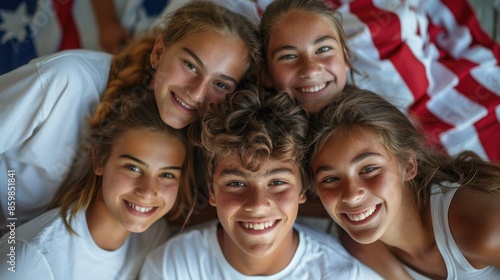 Advertising, friendship, patriotism and people concept - smiling teens in white t-shirts over an American flag
