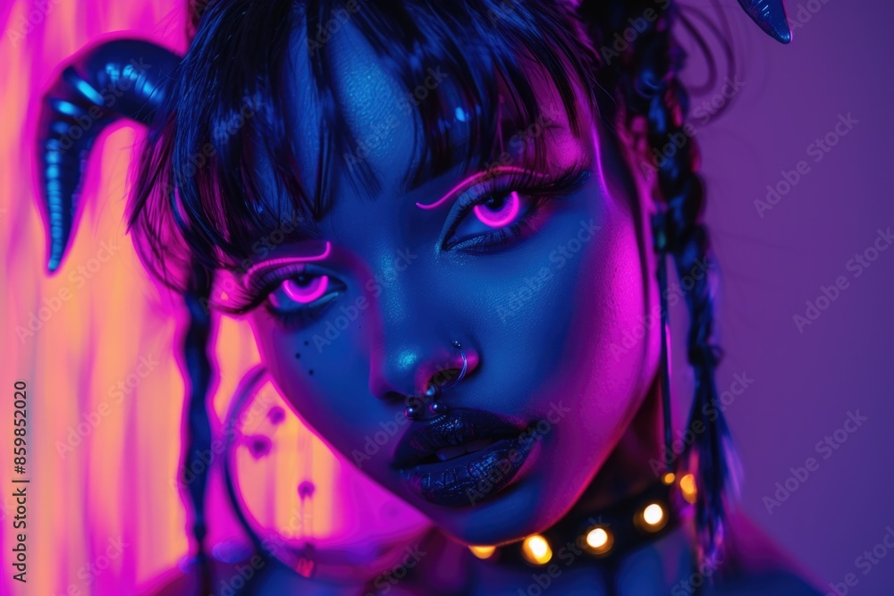 Futuristic Neon Portrait of a Woman with Piercings and Horns in Glowing Lights Futuristic Neon Portrait of a Woman with Piercings and Horns in Glowing Lights