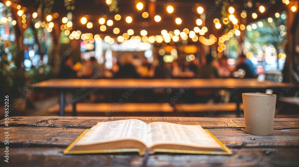 A Book and a Cup on a Wooden Table with Bokeh Lights in the Background A Book and a Cup on a Wooden Table with Bokeh Lights in the Background