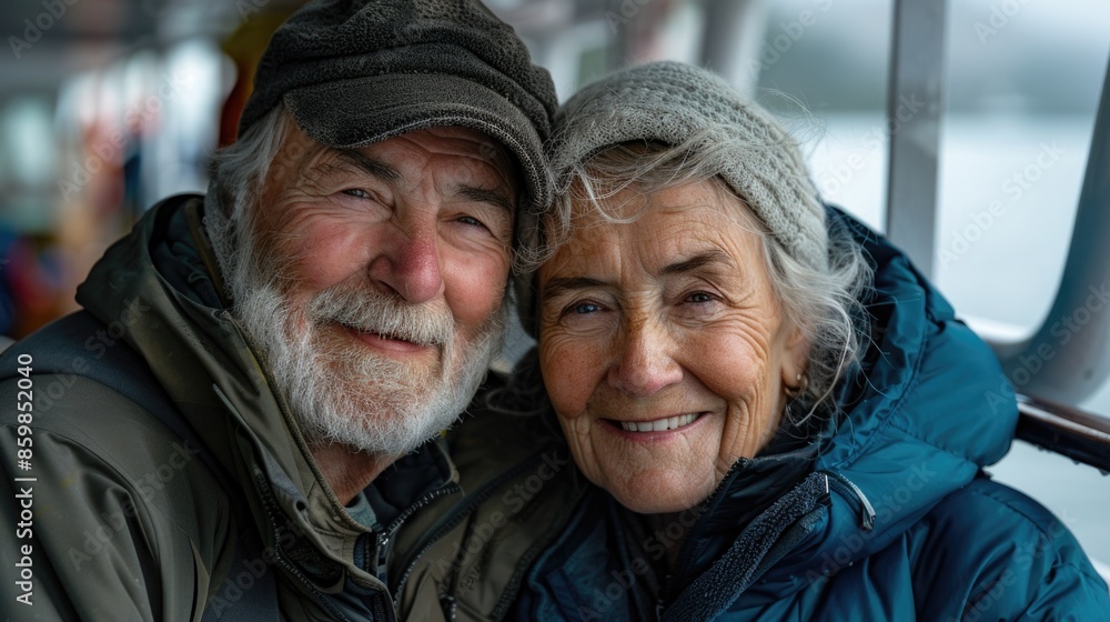 Elderly Couple Smiling on Boat Trip in Nature, Adventure and Bonding During Gloomy Weather Elderly Couple Smiling on Boat Trip in Nature, Adventure and Bonding During Gloomy Weather