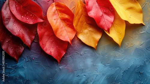 Vibrant Autumn Leaves with Water Droplets on Artistic Blue Background