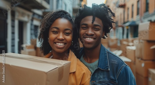 Smiling Couple Moving into New Home on Busy City Street with Cardboard Boxes photo