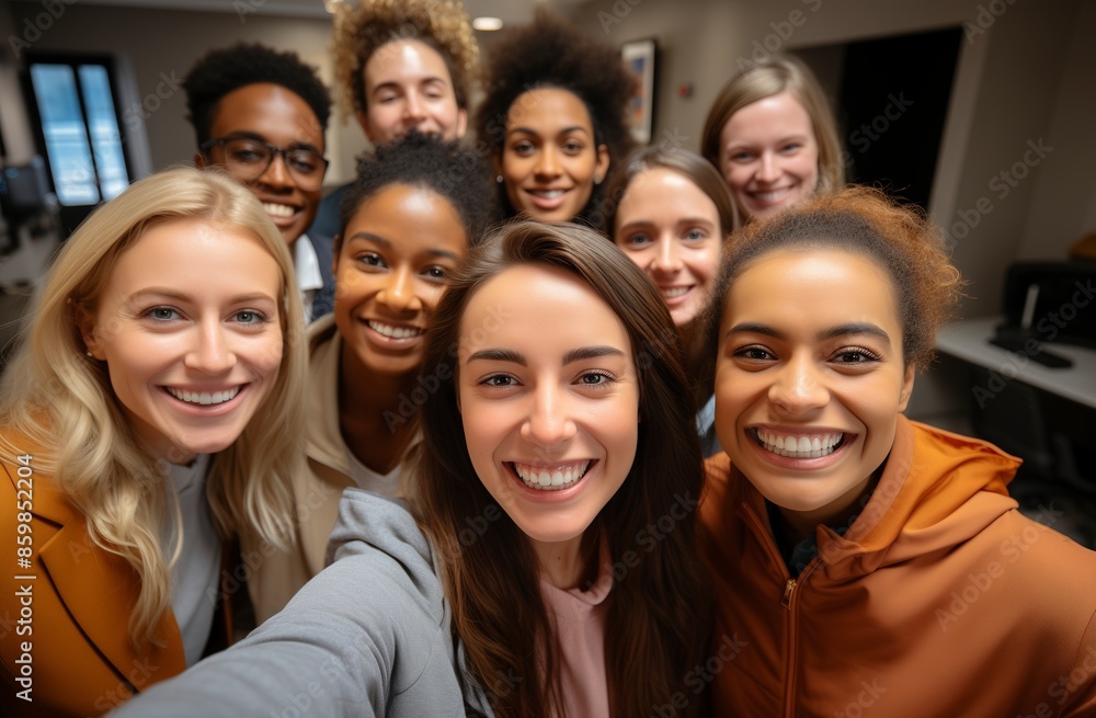 Diverse group of young professionals smiling and taking a selfie in an office setting, symbolizing employee community and team building.Labor Day, part-time, happy, hard-working, active Diverse group of young professionals smiling and taking a selfie in an office setting, symbolizing employee community and team building.Labor Day, part-time, happy, hard-working, active