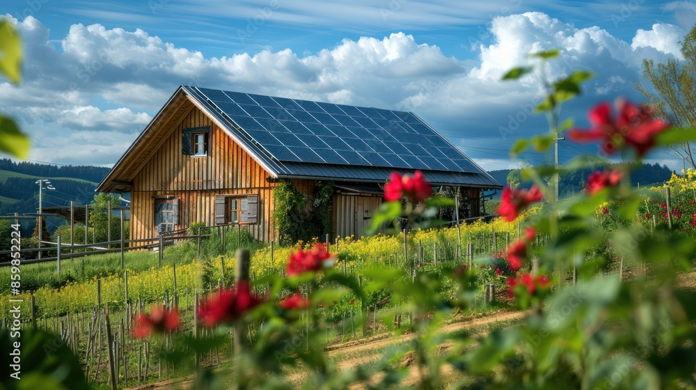 A barn roof with solar panels near crops on a field in Bavaria, Germany A barn roof with solar panels near crops on a field in Bavaria, Germany