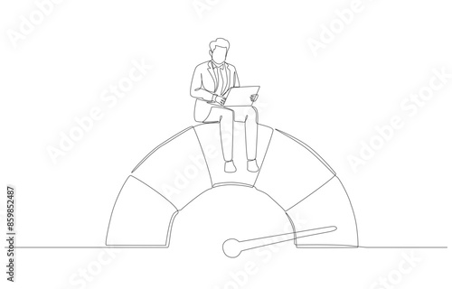 Continuous one line drawing of businessman working on best performance gauge, working with high performance concept, single line art.