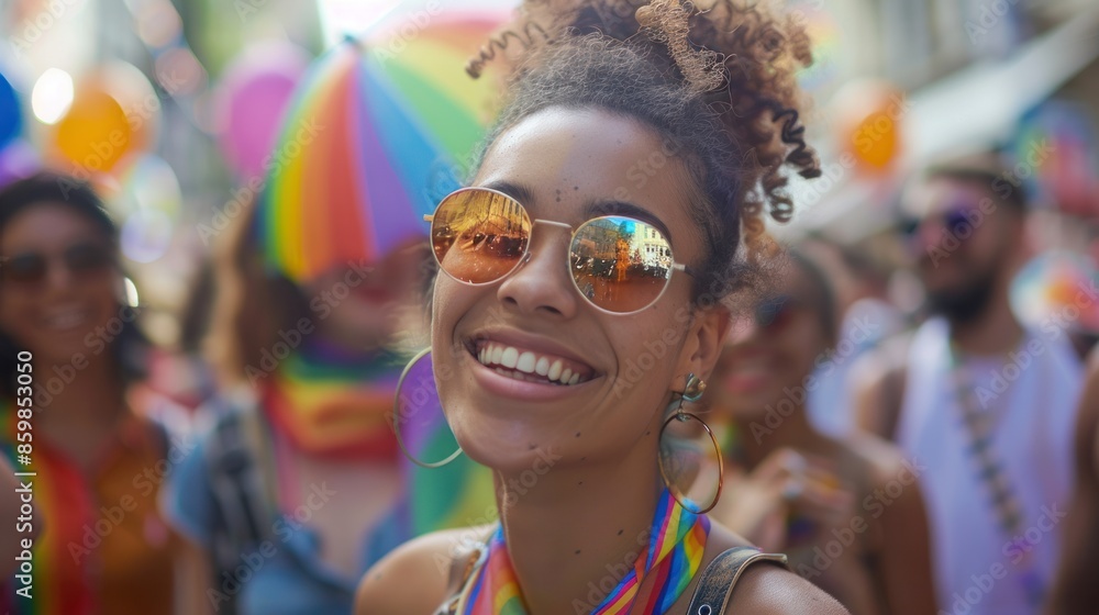 Candid happy young lesbian woman smiling celebrating gay pride LGBTQ festival, Candid happy young lesbian woman smiling celebrating gay pride LGBTQ festival,