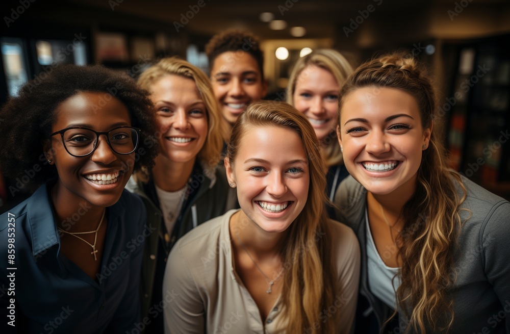 Diverse group of young professionals smiling and taking a selfie in an office setting, symbolizing employee community and team building.Labor Day, part-time, happy, hard-working, active Diverse group of young professionals smiling and taking a selfie in an office setting, symbolizing employee community and team building.Labor Day, part-time, happy, hard-working, active