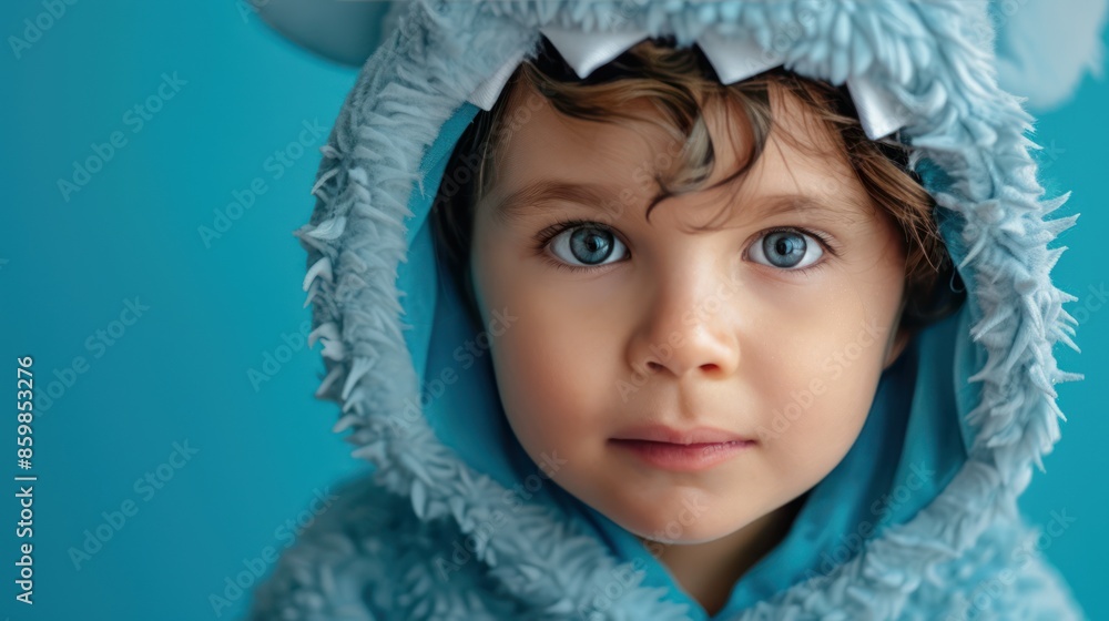 Adorable Little Boy in Shark Costume on Blue Background Adorable Little Boy in Shark Costume on Blue Background