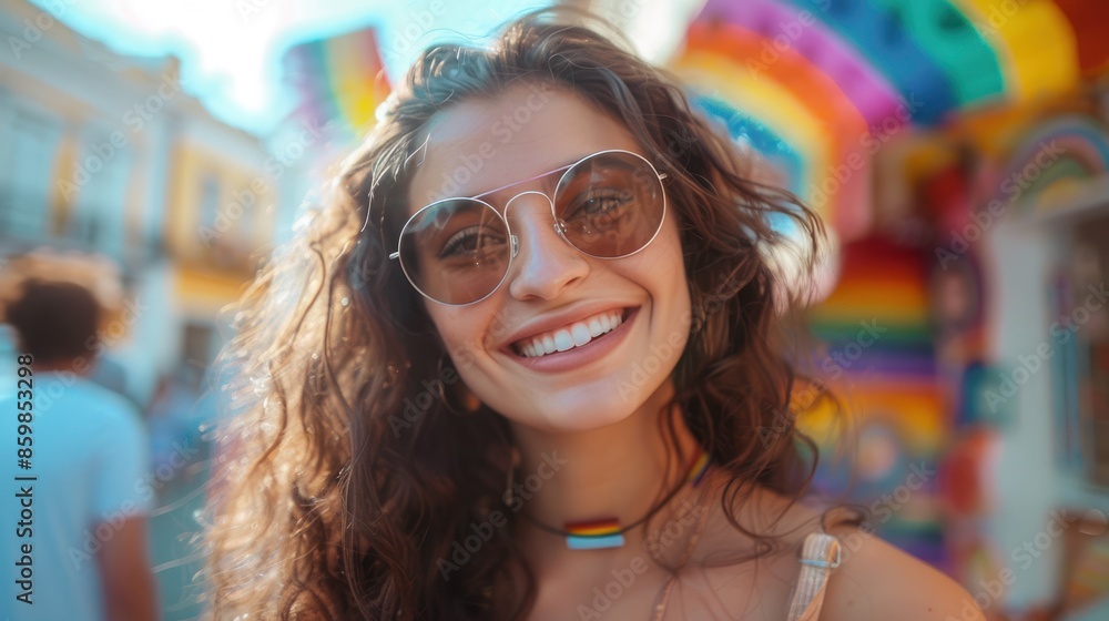 Candid happy young lesbian woman smiling celebrating gay pride LGBTQ festival, Candid happy young lesbian woman smiling celebrating gay pride LGBTQ festival,