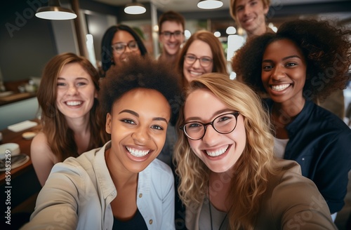 Diverse group of young professionals smiling and taking a selfie in an office setting, symbolizing employee community and team building.Labor Day, part-time, happy, hard-working, active © Vanessa