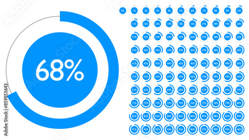 Set of circle percentage diagrams from 0 to 100 for Web Design, User Interface UI UX or Infographic. Loading indicator Colorful Progress Light Blue on White Background. Vector illustration. Icons set.