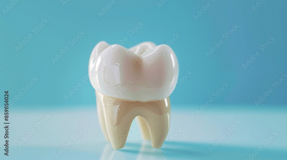 Tooth with a dental crown being fitted, detailed and realistic depiction, dental health and procedures, blue background Tooth with a dental crown being fitted, detailed and realistic depiction, dental health and procedures, blue background
