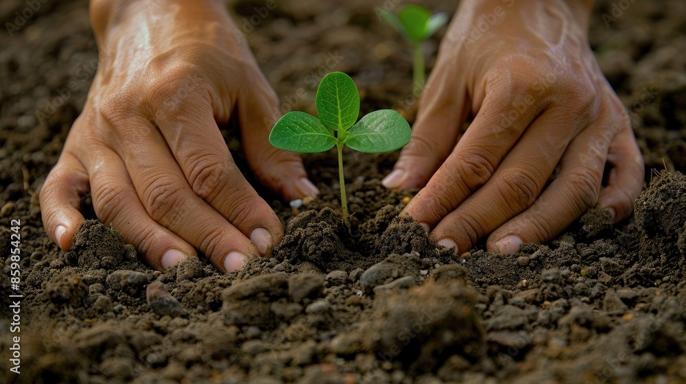 Hands gently placing a seedling into the ground, a symbol of environmental care and future growth Hands gently placing a seedling into the ground, a symbol of environmental care and future growth