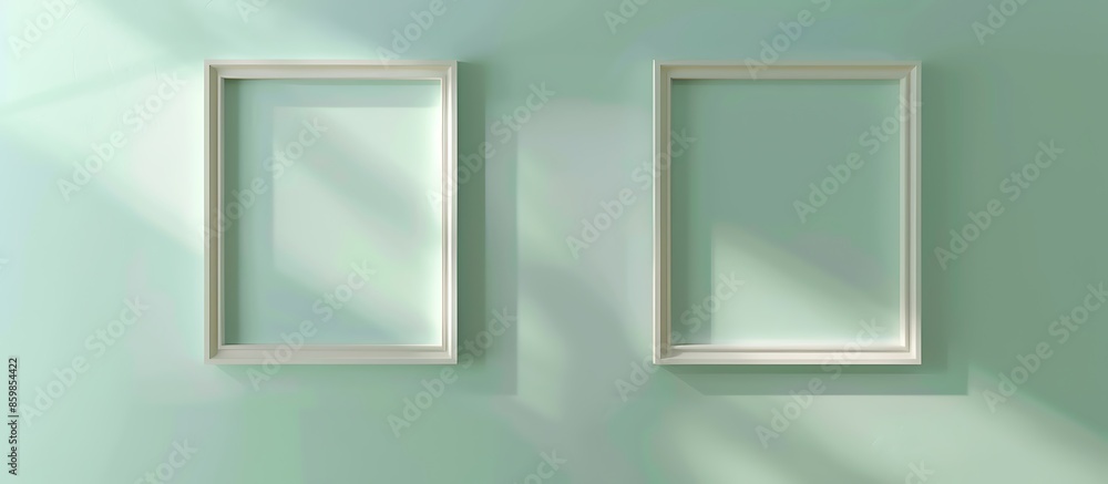 Two empty square frames on a pale mint wall, with gentle spotlights highlighting the frames' simple elegance Two empty square frames on a pale mint wall, with gentle spotlights highlighting the frames' simple elegance