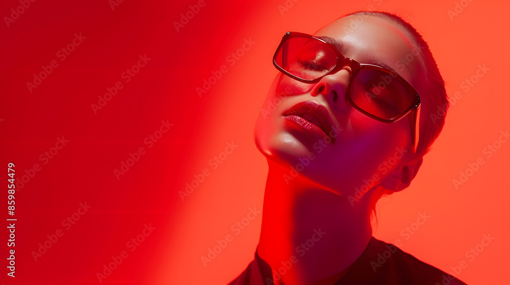 Fashionable fashion model on a red background : Generative AI Fashionable fashion model on a red background : Generative AI