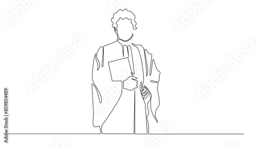 continuous line drawing of judge.single line drawing of judge standing with carrying law book.one line vector illustration.isolated white background