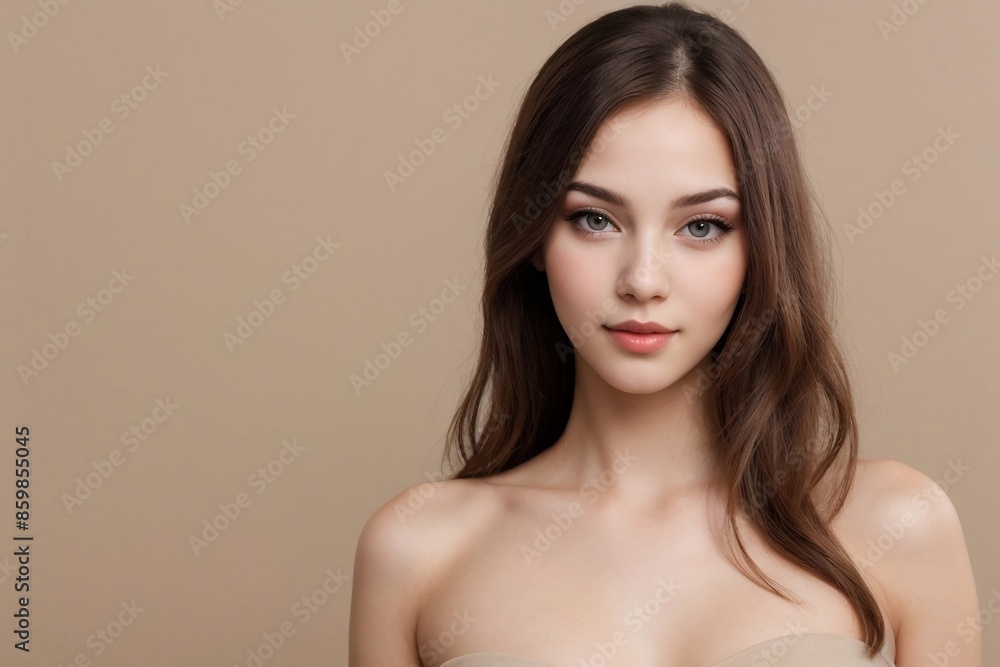 Attractive young sexy girl with fresh skin, looking at the camera, posing on a beige background with copy spacr.