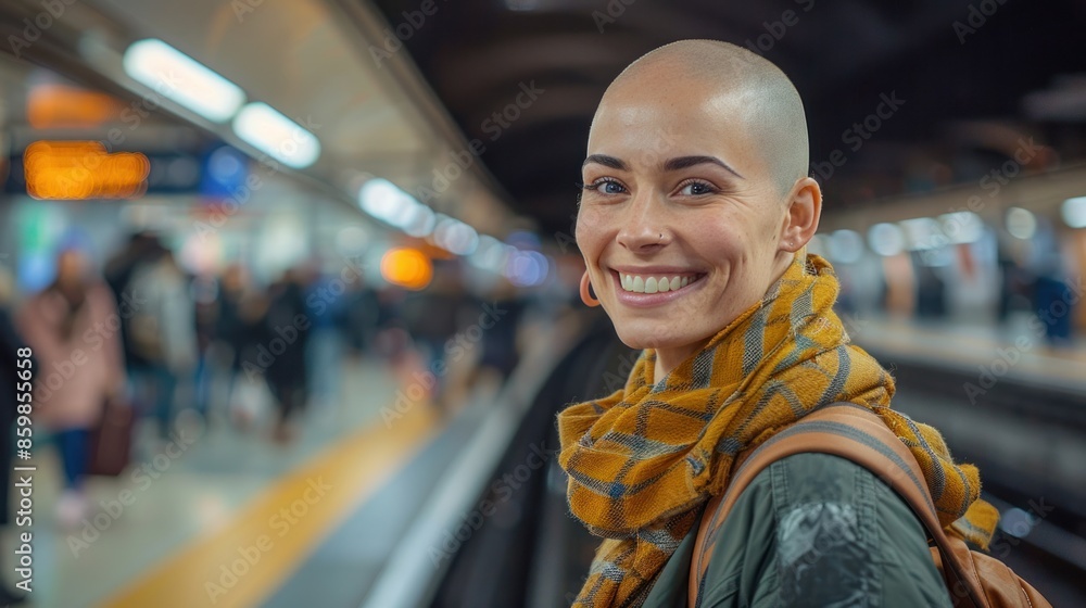 An alopecia patient is smiling on the subway tube train station platform. She is smiling while listening to music as she loses her hair as a result An alopecia patient is smiling on the subway tube train station platform. She is smiling while listening to music as she loses her hair as a result