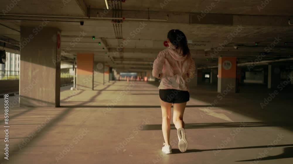 A woman runs in a parking lot. The parking lot is empty and the woman is the only person in the scene A woman runs in a parking lot. The parking lot is empty and the woman is the only person in the scene