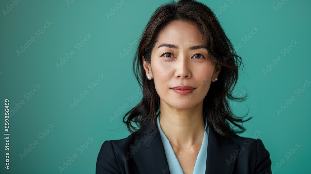 Portrait of a confident Japanese businesswoman with black hair wearing a black blazer and light blue shirt on a teal background. Copy Space. Studio headshot for professional use and corporate design. Portrait of a confident Japanese businesswoman with black hair wearing a black blazer and light blue shirt on a teal background. Copy Space. Studio headshot for professional use and corporate design.