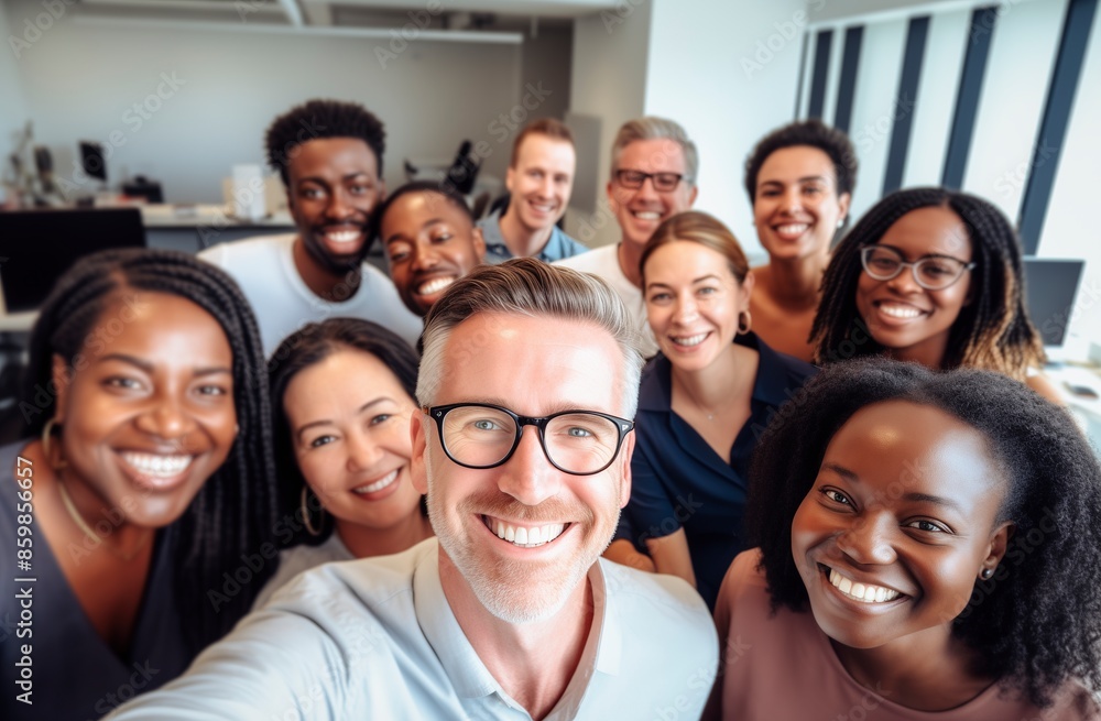 Obraz premium Smiling and diverse office team taking a selfie, showcasing unity among different ages and skin tones.Labor Day, holidays, party events, part-time jobs, hard work, positivity, camaraderie, diversity