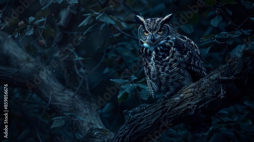 A large owl is perched on a tree branch in the dark photo