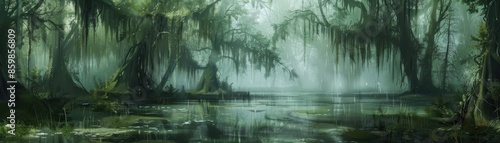 A lush green forest with a large tree branch hanging over a body of water